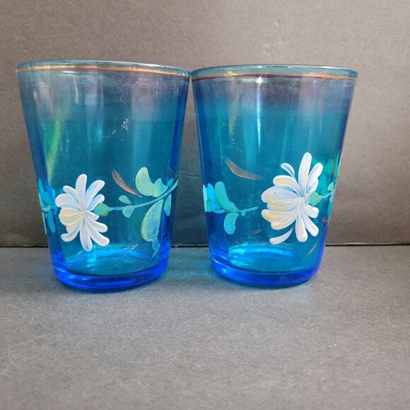 Vintage Blue Glass Juice Glasses With Hand-Painted Floral Design - Picture 1 of 10